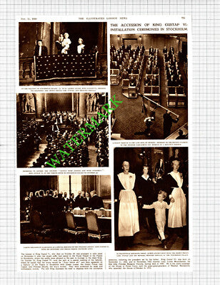 King Gustaf VI Accession Stockholm Palace  -1950 Cutting / Print