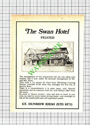 The Swan Hotel Felsted Mr & Mrs Prats Advert - 1970's Cutting