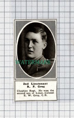 C5312) 2nd Lt R P Greg Cheshire Regiment EW Greg - 1918 SMALL Clip