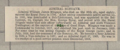 C1275) Admiral William James Mingaye Royal Navy Obituary - 1865 Cutting