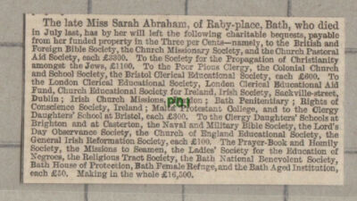 C1267) Miss Sarah Abraham Raby Place Bath Will Bequests - 1865 Cutting