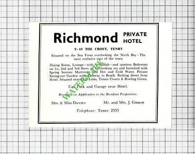 Giltar House Tenby Robins / Richmond Hotel Davies Small Advert - c.1960 Cutting