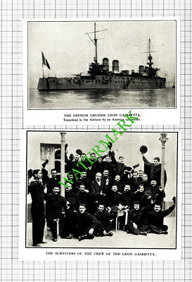 French Cruiser LEON GAMBETTA Torpedoed World War One WW1 - 1916 2-Part Cutting