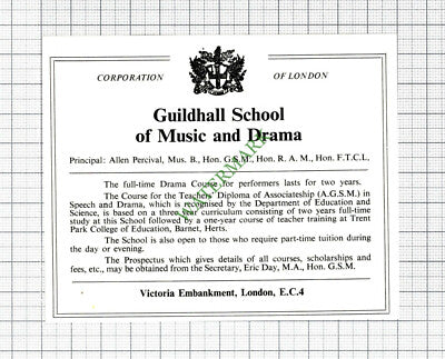 Guildhall School Of Music & Drama London Advert Allen Percival - 1968  Cutting