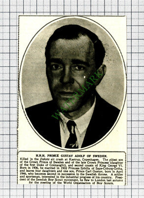 HRH Prince Gustav Adolf Of Sweden Dakota Air Crash Kastrup - 1947 Cutting