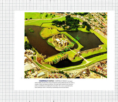 Caerphilly Castle Wales / Caernarfon Castle Aerial View - 1990s Cutting / Print