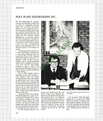 Brampton Stearns Canada Inc /  Poly Plast Edgebanding Ed Almeida  1980s Article