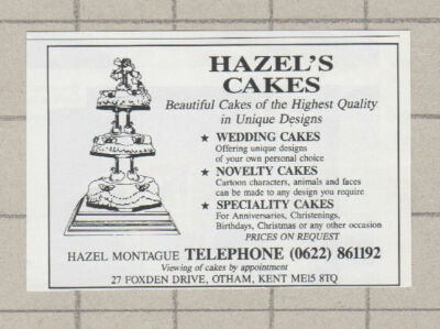 C3085) Hazel's Cakes Hazel Montague Otham Kent Advert - 1991 Clip