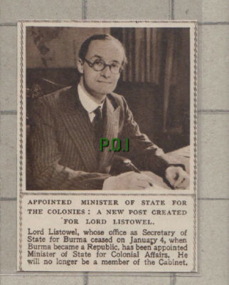 C1022) Lord Listowel Secretary Burma & Colonial Affairs - 1948 SMALL Cutting