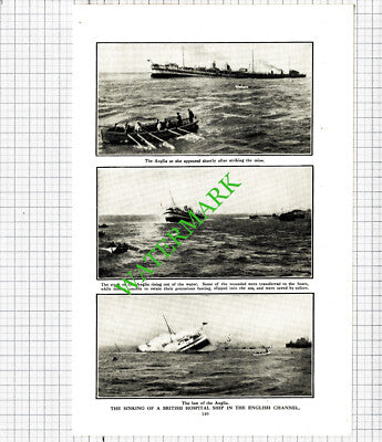 ANGLIA Hospital Ship Sinks World War One WW1   - 1916 Cutting / Print