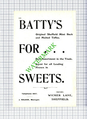 Old Albion Brewery Sheffield / Batty's Sweets Advert J Walker - 1910 Cutting