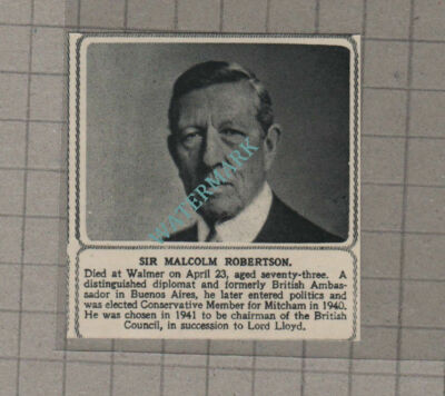 C3799) Sir Malcolm Robertson Ambassasor Buenos Aires Obituary - 1951 Clip SMALL!