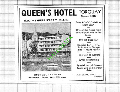 Queen's Hotel Torquay / The Cary Arms Hotel Beattie Advert - 1964 Small Cutting