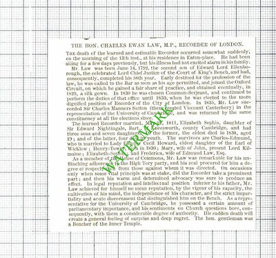 The Hon Charles Ewan Law MP Recorder Of London Obituary -  1850 Cutting