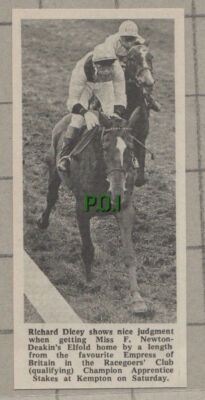 C755) Richard Dicey Miss F Newton Deakin ELFOLD Kempton Horse Race 1969 Cutting