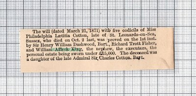 C5251) Miss Philadelphia Laetitia Cotton St Leonards Sussex - 1880 Cutting