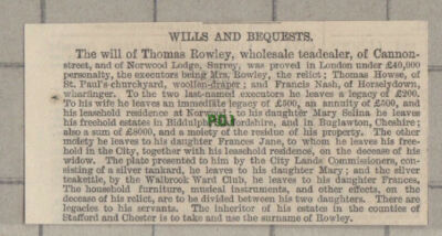 C1270) Thomas Rowley Tea Dealer Cannon Street Norwood Lodge Surrey 1865 Cutting