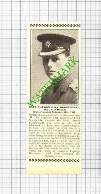 Captain The Hon Harold Harmsworth Irish Guards WW1 - 1918 Cutting