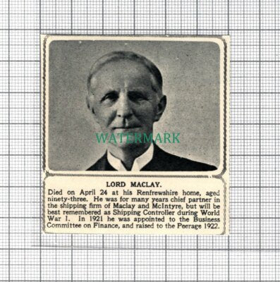C3800) Lord Maclay & McIntyre Renfrewshire Obituary - 1951 Clip SMALL!
