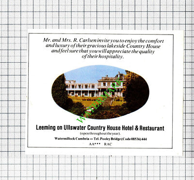 Leeming On Ullswater Hotel Watermillock  Carlsen Small Advert -1979 Cutting