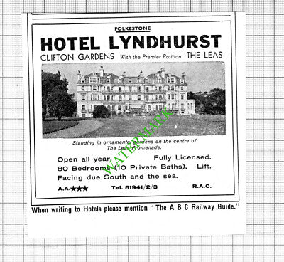 Hotel Lyndhurst Folkestone / Clifton Hotel Small Advert - 1964 Cutting