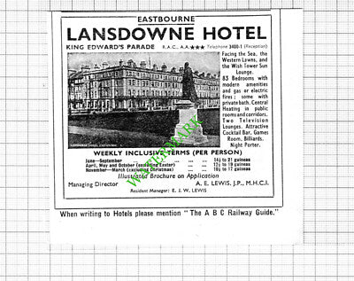 Lansdowne Hotel Eastbourne Lewis / West Rocks Carr Small Advert - 1964 Cutting