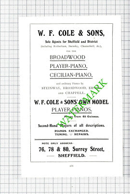 WF Cole & Sons Pianos Sheffield / Alliance Assurance Co  Advert -1908 Cutting