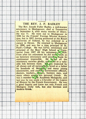 Rev Joseph Fuller Radley Obituary - 1935 Cutting