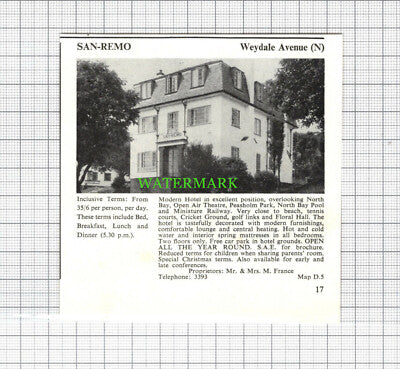 C7619) Sefton Harold Lee  San Remo Weydale Scarborough Hotel Advert - 1969