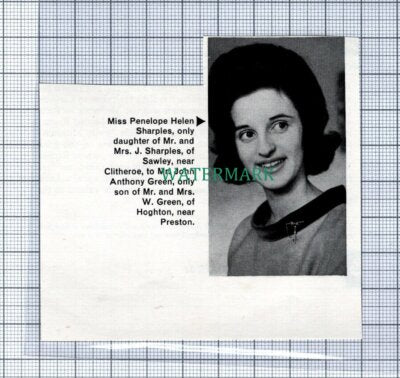 C4105) Miss Penelope Helen Sharples Sawley Clitheroe Engagement Notice 1964 Clip