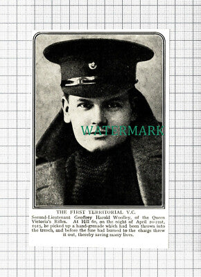 C5646) Lt Geoffrey Harold Woolley Queen Victoria's Rifles WW1 - c.1916 Cutting