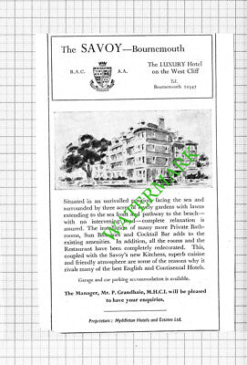 The Savoy Hotel Bournemouth Grandhaie  / White Hermitage Advert 1964 Cutting