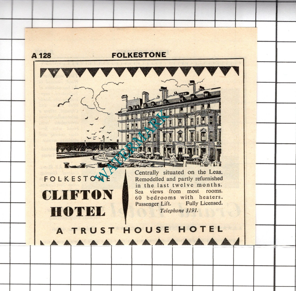 Grand Hotel Folkestone Kent / Clifton Hotel Small Advert - 1958 Cutting