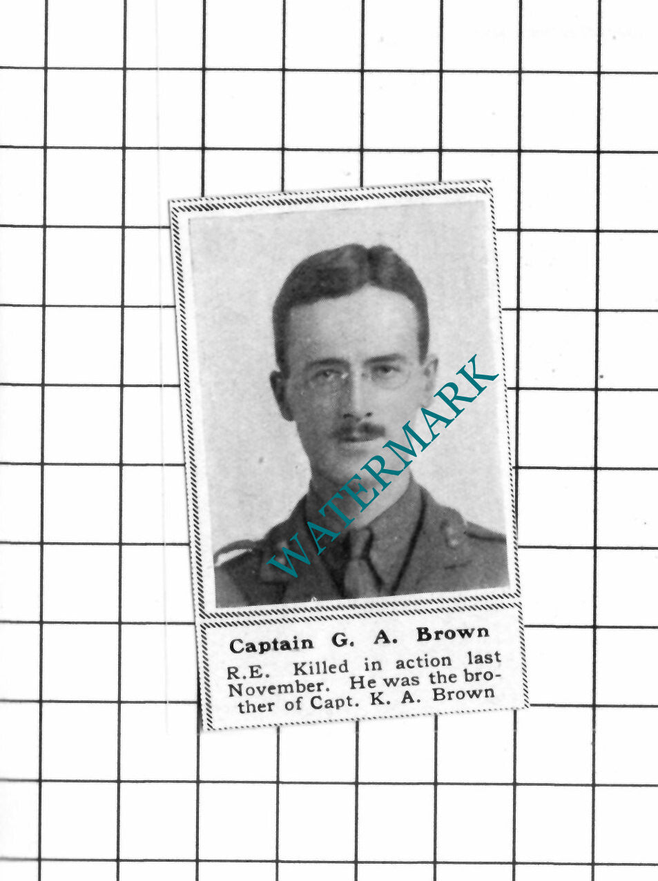 Captain G A Brown Royal Engineers WW1  - c.1918 SMALL Clipping / Print