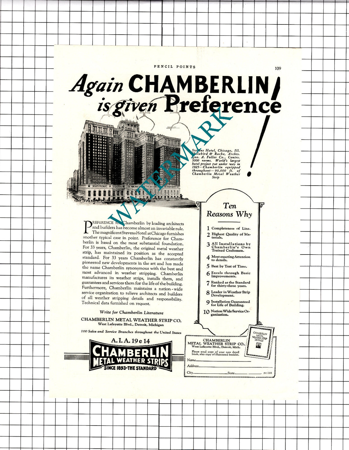 Stevens Hotel Chicago Illinois Holabird & Roche Chamberlin Detroit - 1926 Advert