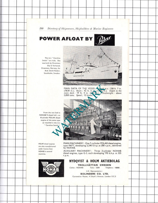 Nydqvist & Holm CAROLINE SMITH Ship ADVERT   - c.1957
