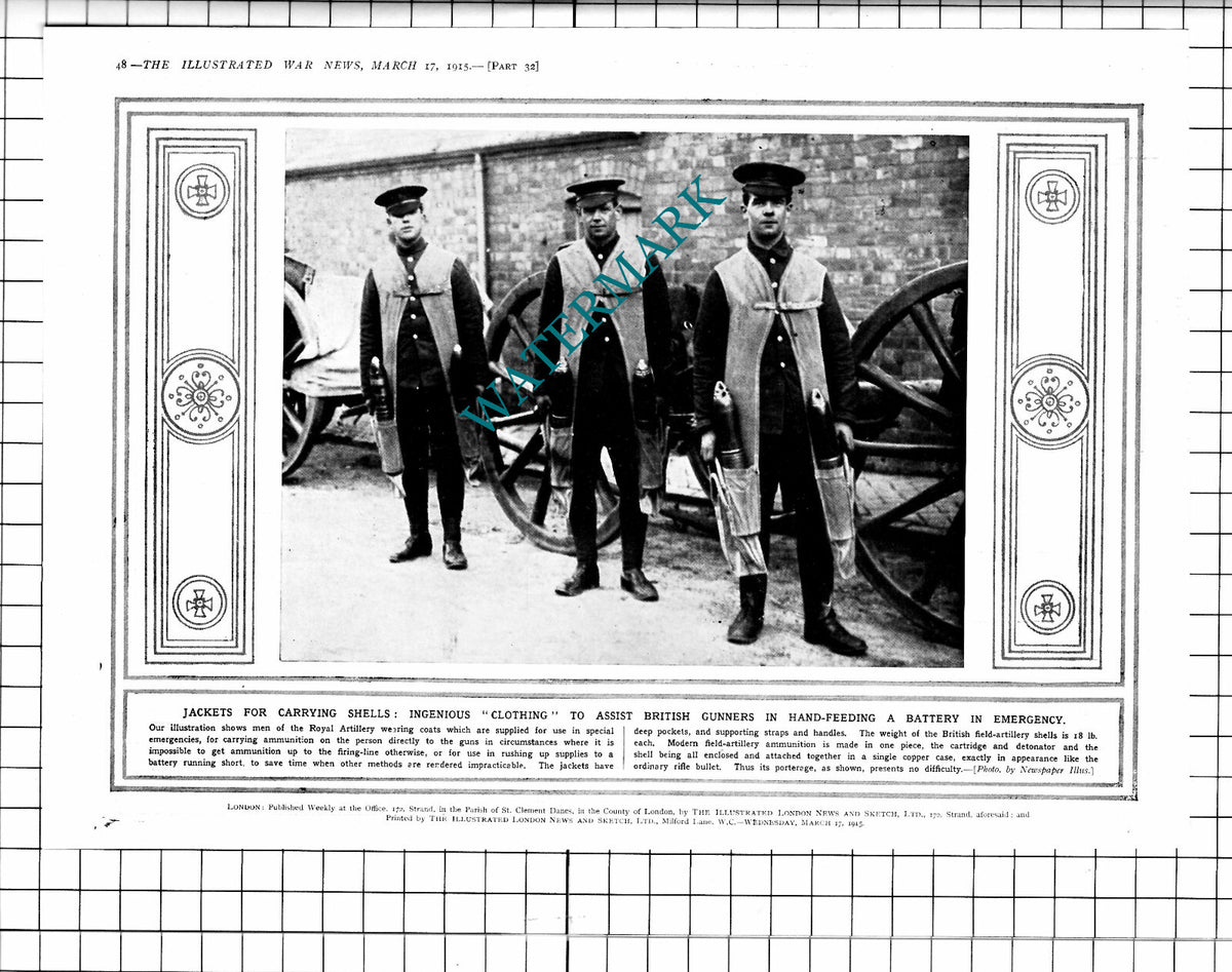 Royal Artillery Shell Carrying Jackets Great War WW1 - 1915 Clipping/ Print