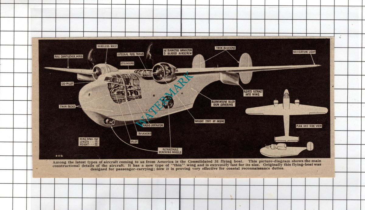 Consolidated 31 Flying Boat Diagram Aircraft WW2  - 1940's Clipping