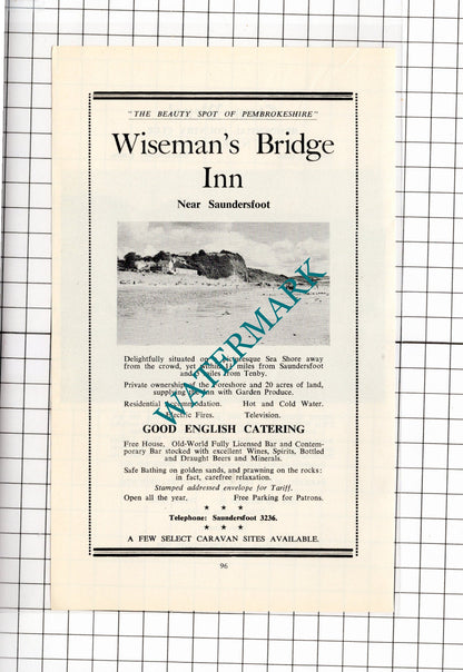 Cwm Wenol Hotel Saundersfoot Wales / Wiseman's Bridge Inn - c.1962 Advert