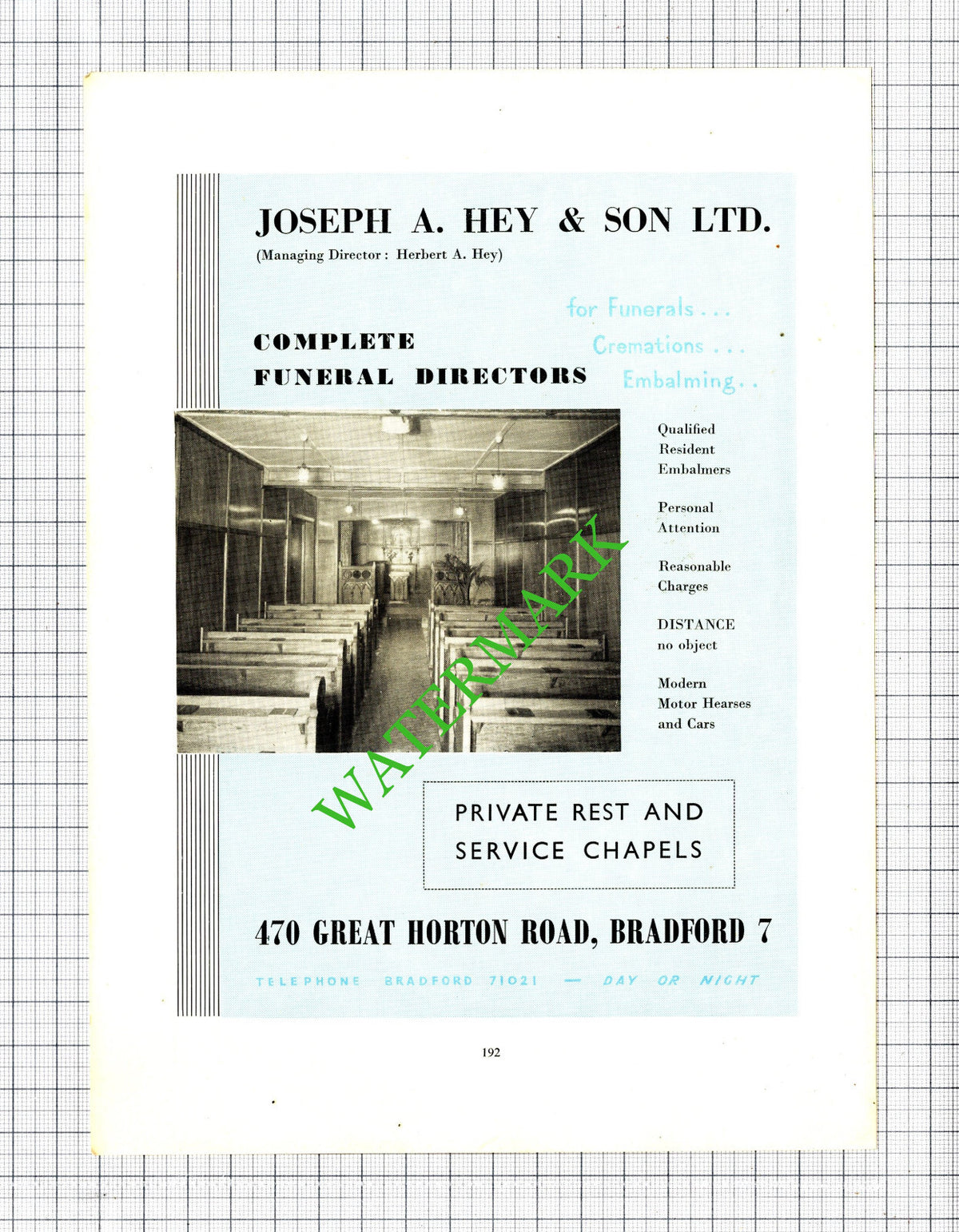 Joseph A Hey & Son Ltd Bradford Yorkshire Funeral Directors Advert -1957 Cutting