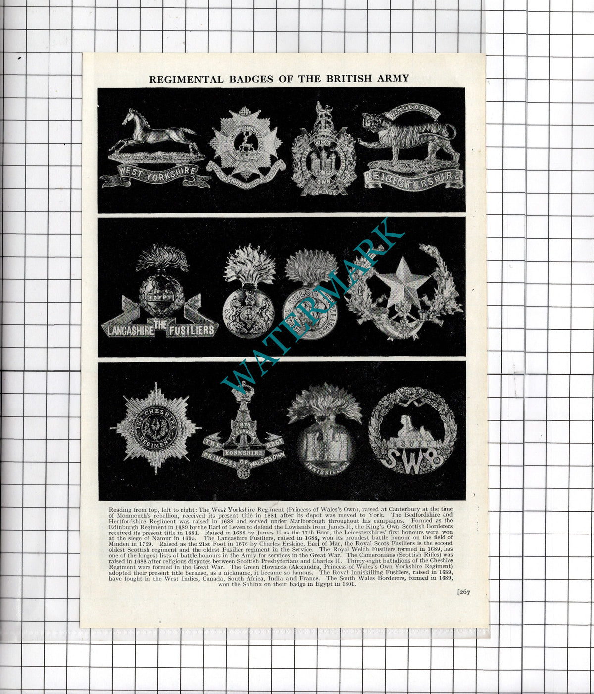 PRINT - Regimental Badges Of The British Army - c.1940s Cutting / Print