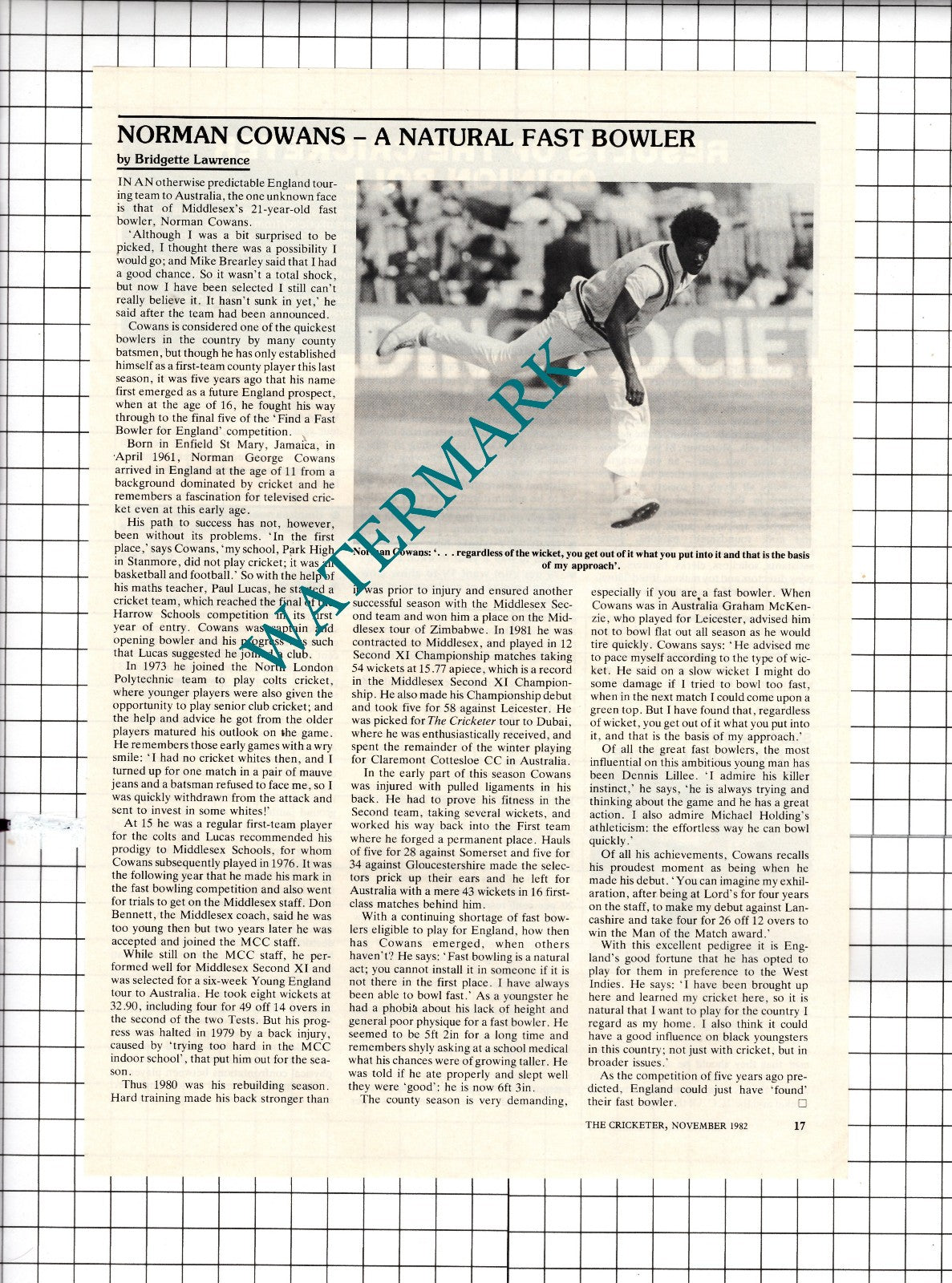 Norman Cowans Cricket Bowler Cricketer  - 1982 Article
