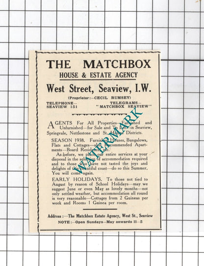 The Matchbox Seaview Isle of Wight Cecil Rumsey / Roseneath  - 1938 Small Advert