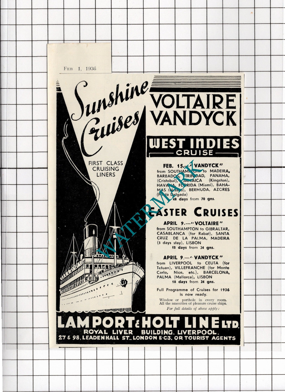 Lamport & Holt Line Ltd Liverpool Voltaire Vandyck Ship ADVERT  -1936 Clipping