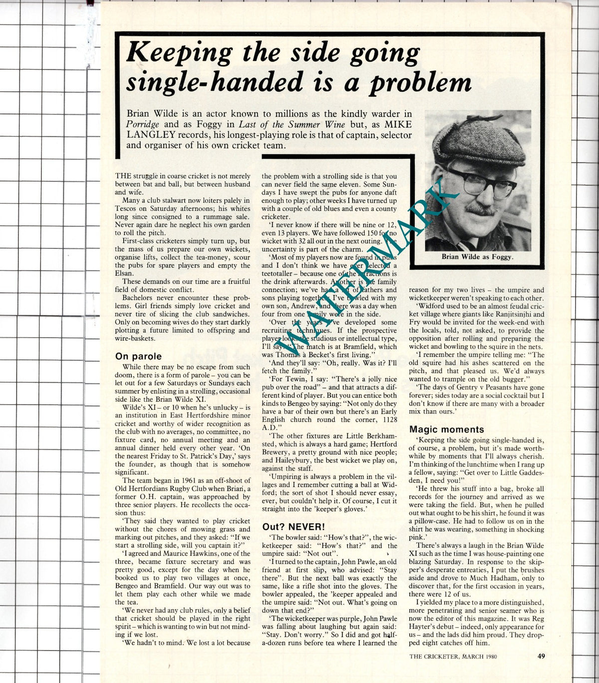 Brian Wilde Actor Cricket - 1980 Article