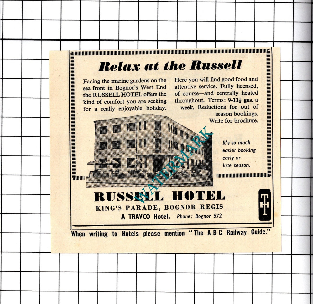 Royal Norfolk Hotel Bognor Regis / Russell Hotel Small Advert -1958 Cutting
