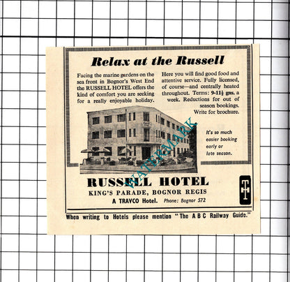 Royal Norfolk Hotel Bognor Regis / Russell Hotel Small Advert -1958 Cutting