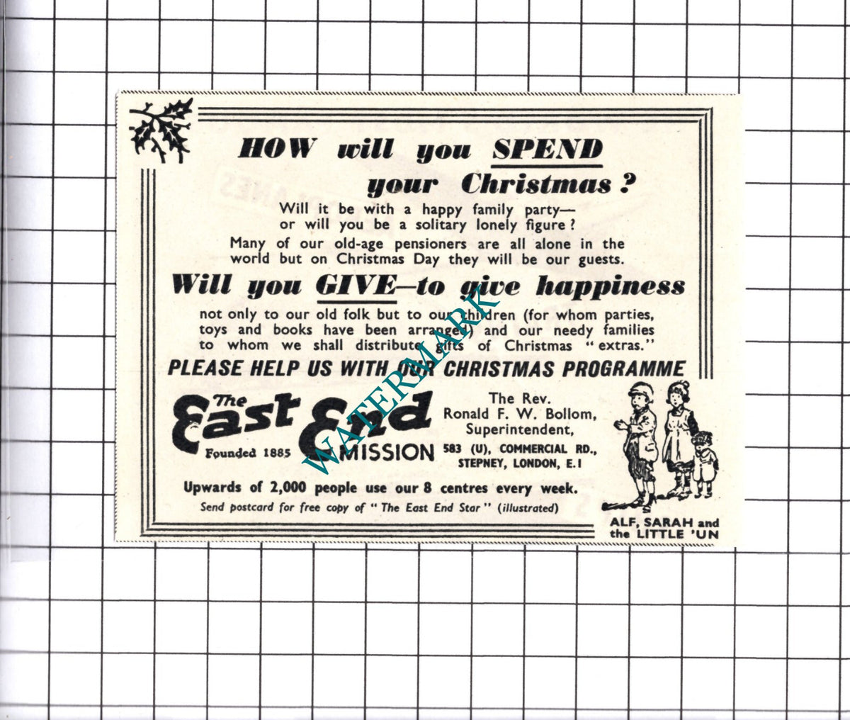 The East End Mission Rev Ronald Bollom Small ADVERT - 1950 Cutting / Print