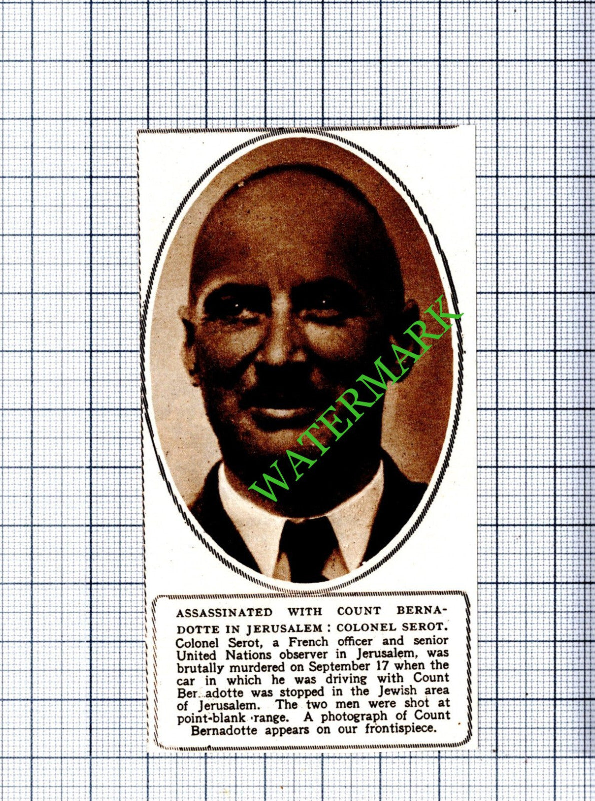 Colonel Serot Assassinated With Count Bernadotte Jersusalem - 1948 Small Cutting