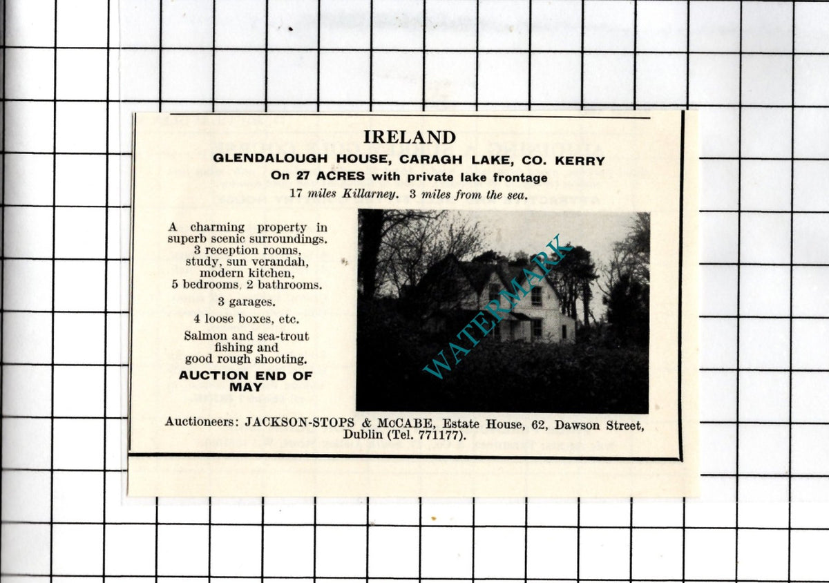Glendalough House Caragh Lake Co Kerry Ireland - 1967 SMALL House Sale Advert